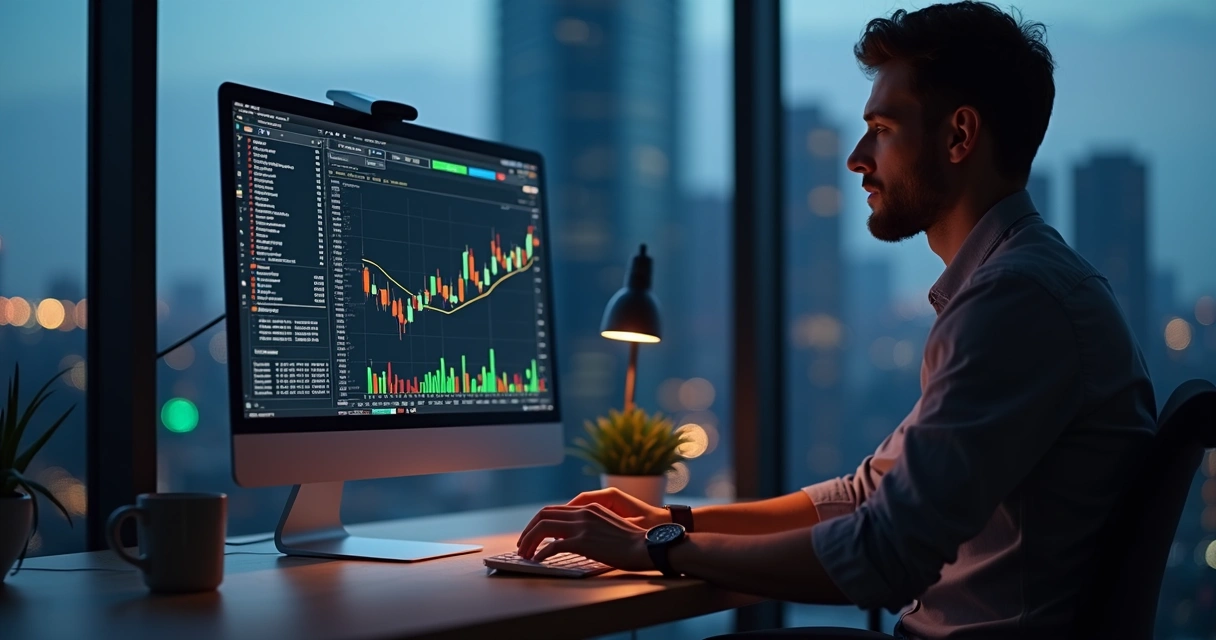 Investidor configurando robô de trading em tela de computador 