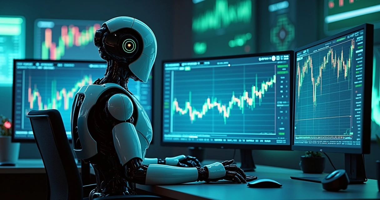 Robô com gráficos e códigos refletidos em monitor 