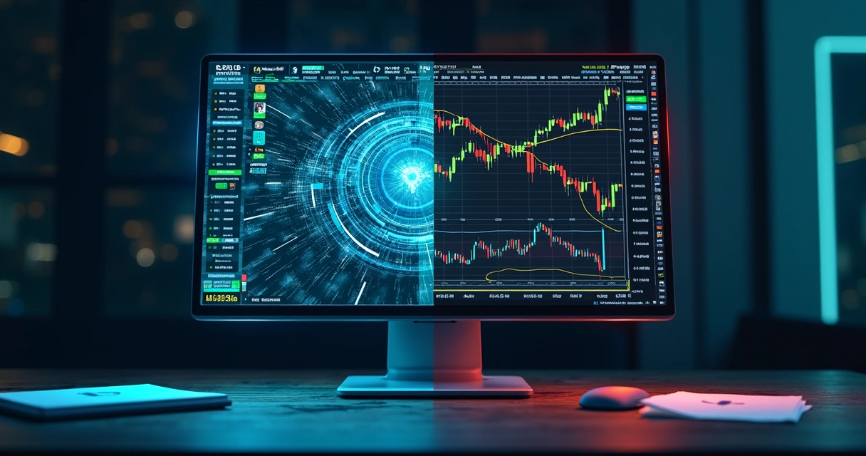 Computador mostrando gráficos financeiros com robôs e trader copiando estratégias em tela dividida 