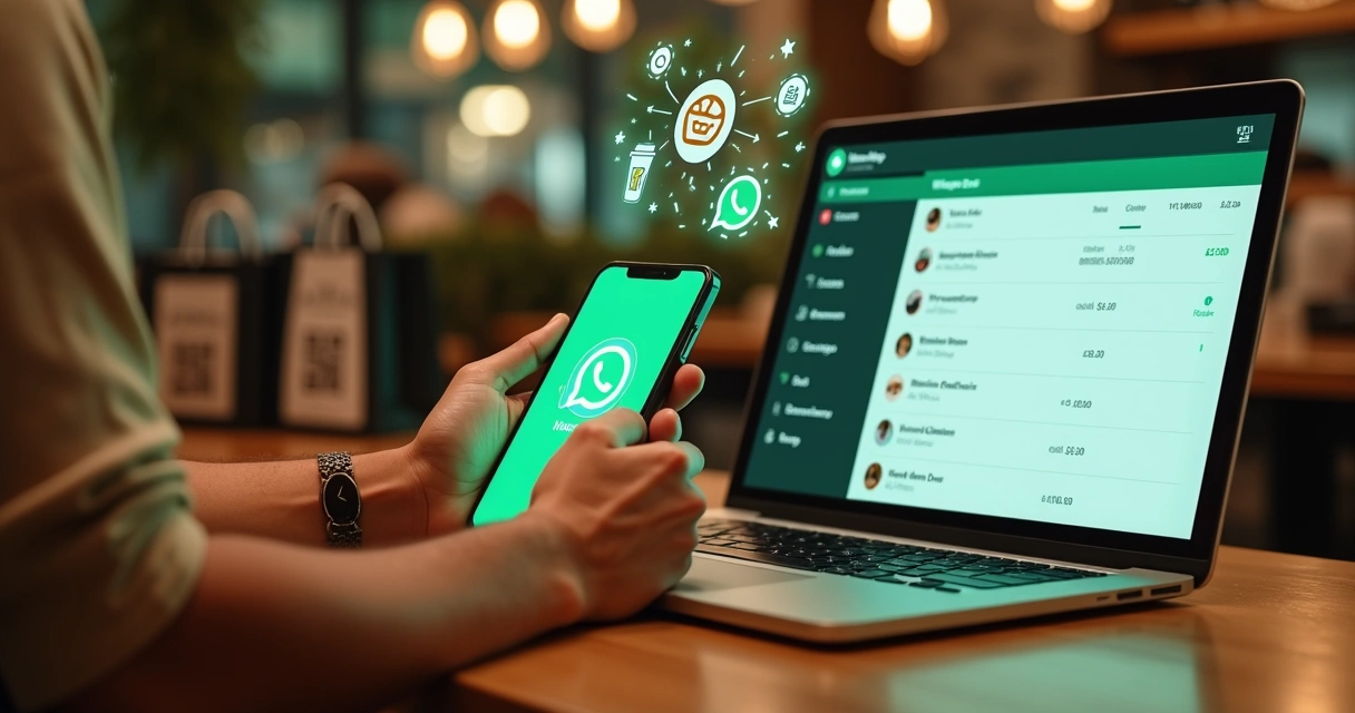Atendente de restaurante usando robô de WhatsApp para gerenciar pedidos de delivery 