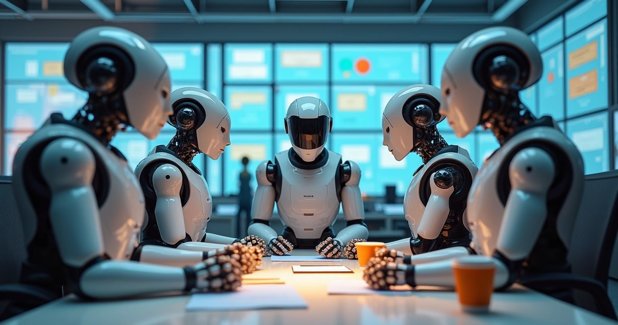 Robôs digitais personalizados interagindo em um ambiente de escritório 