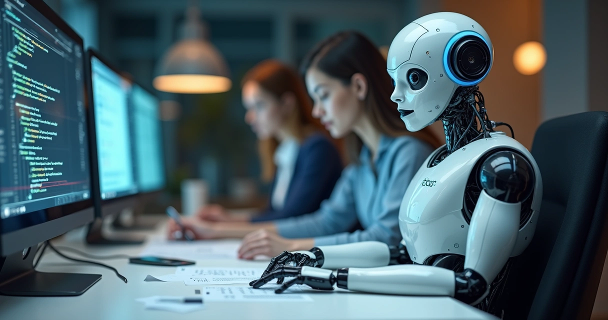 Ilustração digital de robô personalizado da Robolabs em ambiente de escritório contábil. 