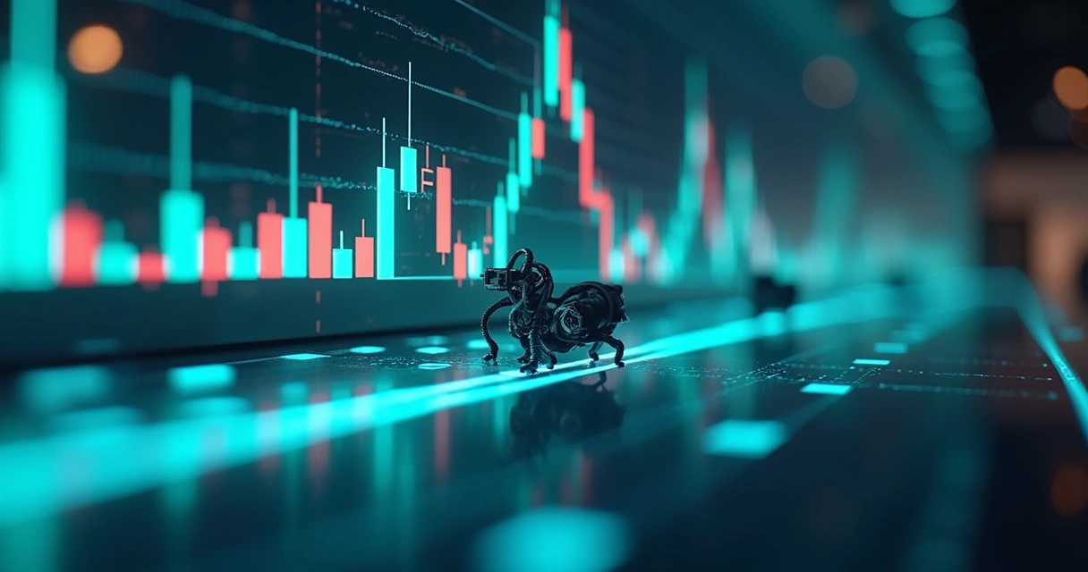 Robôs ajustando posições em gráfico de trading 