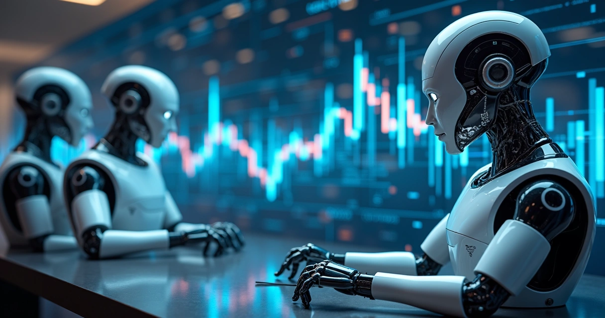 Robôs estilizados analisando gráficos de moedas em telas digitais 