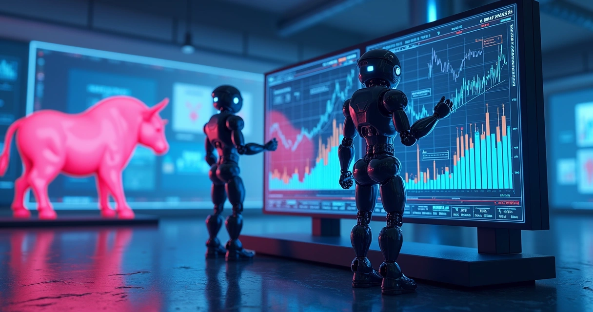 Robôs de algotrading operando gráficos financeiros com touro e urso ao fundo 