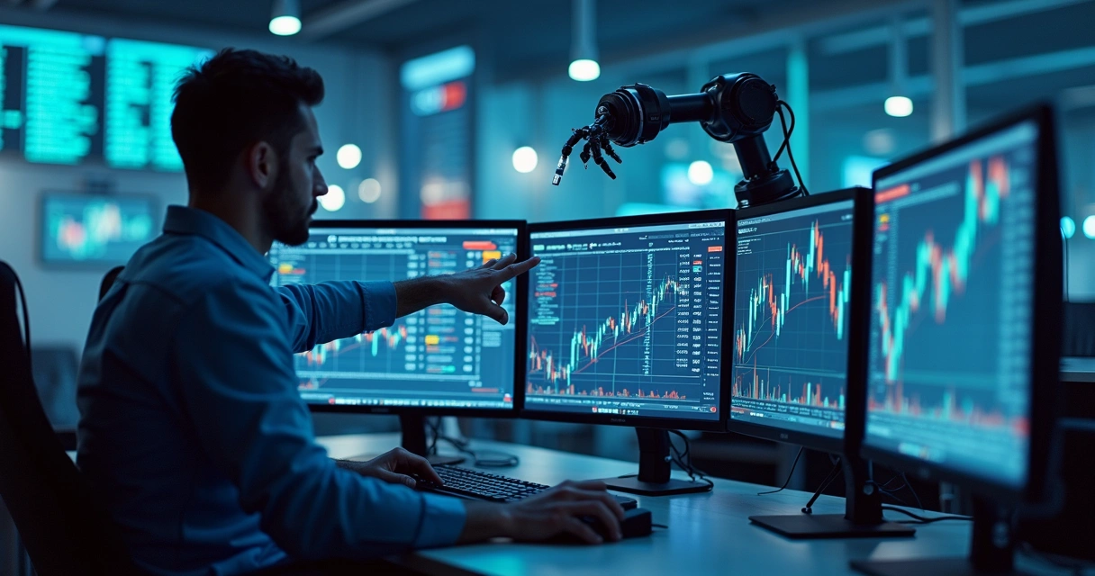 Robôs de trading analisando gráficos em várias telas 