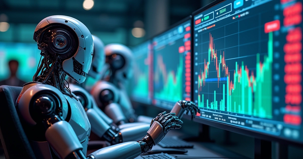 Vários robôs operando em ambientes com gráficos de mercado financeiro 
