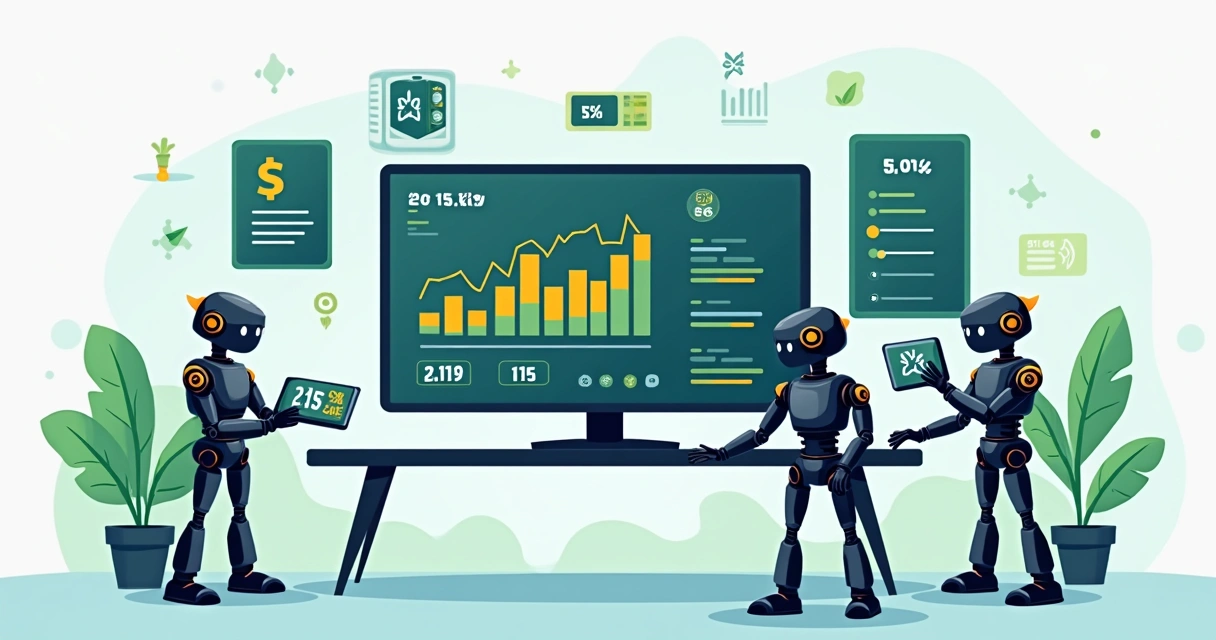 Robôs digitais analisando dados esportivos com gráficos e telas de computador 