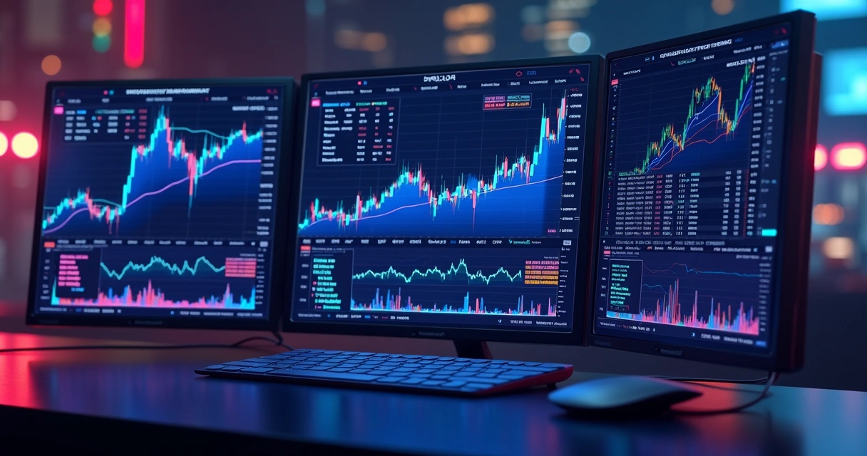 Painéis digitais exibindo diferentes preços de criptomoedas e gráficos de negociação 