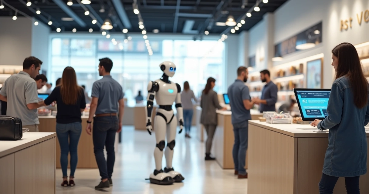 Robôs em loja ajudando com atendimento de clientes 