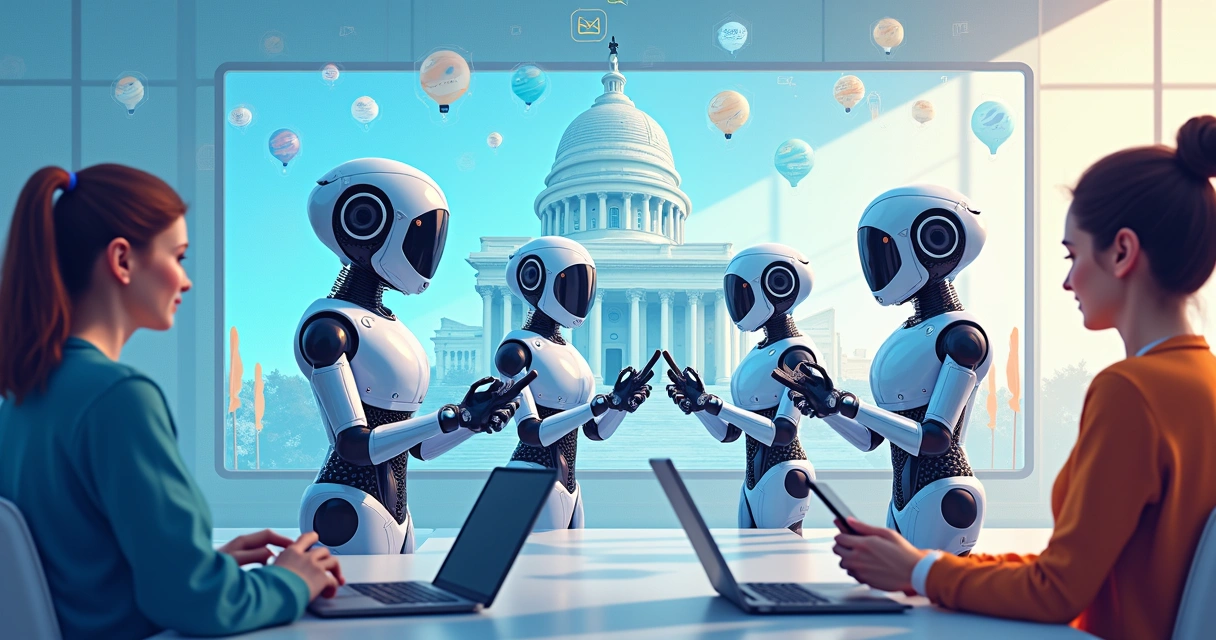 Ilustração de robôs conversando com cidadãos em ambiente digital público. 