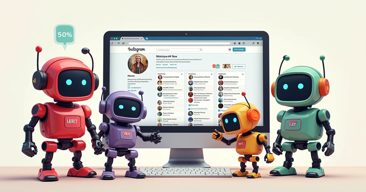 Robôs ilustrados interagindo com perfis do Instagram Web na tela de computador 