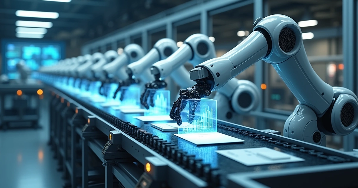 Robôs em estação de trabalho automatizando processos empresariais 