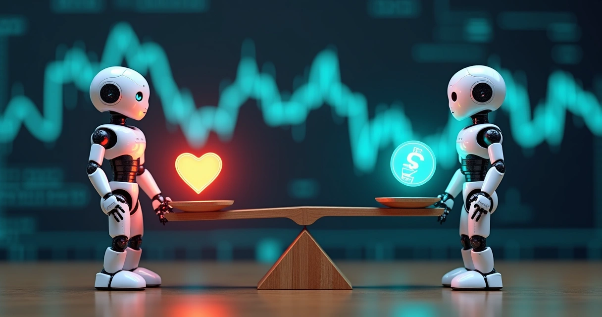 Robôs segurando uma balança entre estabilidade e emoção, gráficos ao fundo
