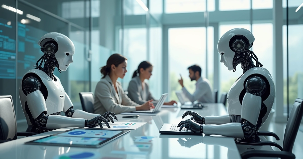Robôs colaborando com humanos em ambiente de trabalho moderno