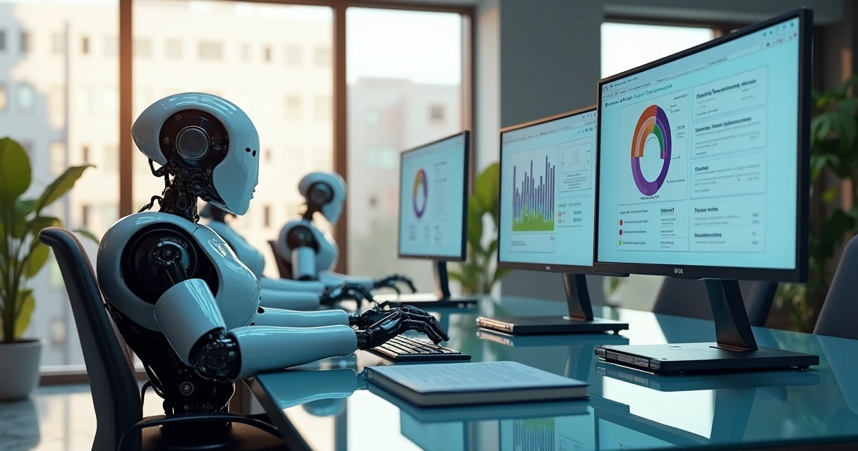 Robôs de IA trabalhando em computadores em uma mesa moderna 