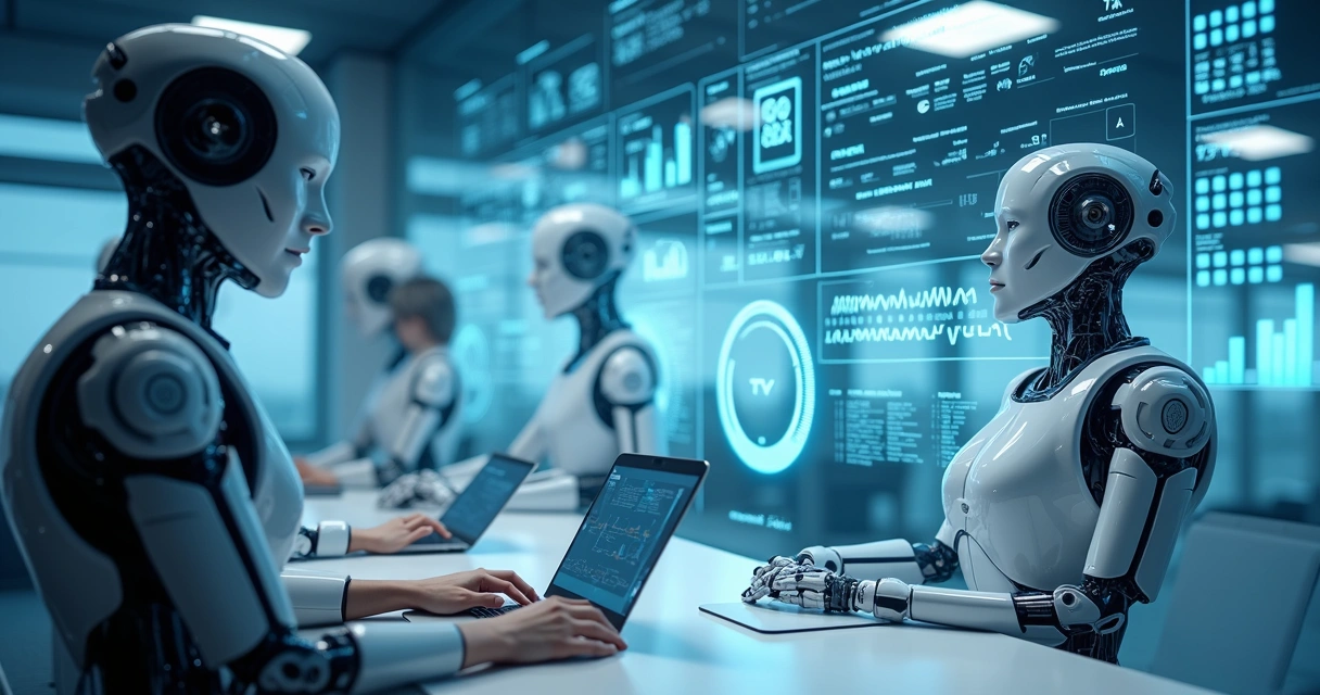 Robôs digitais interagindo com painéis de controle internos 