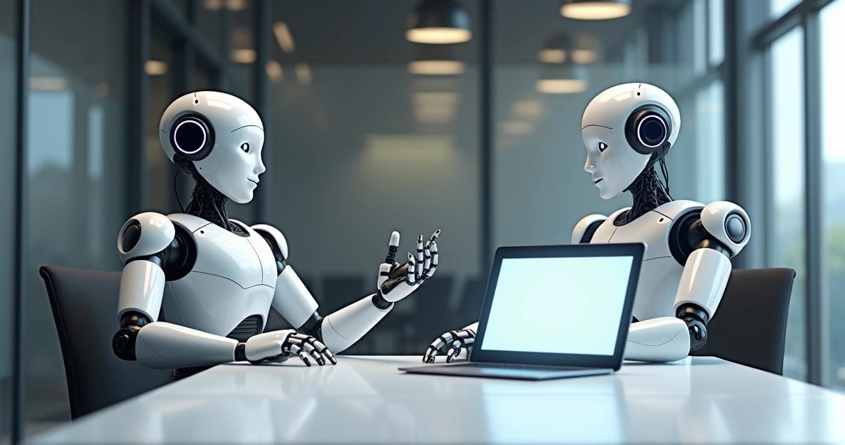 Dois robôs conversando em uma sala de reuniões de empresa 