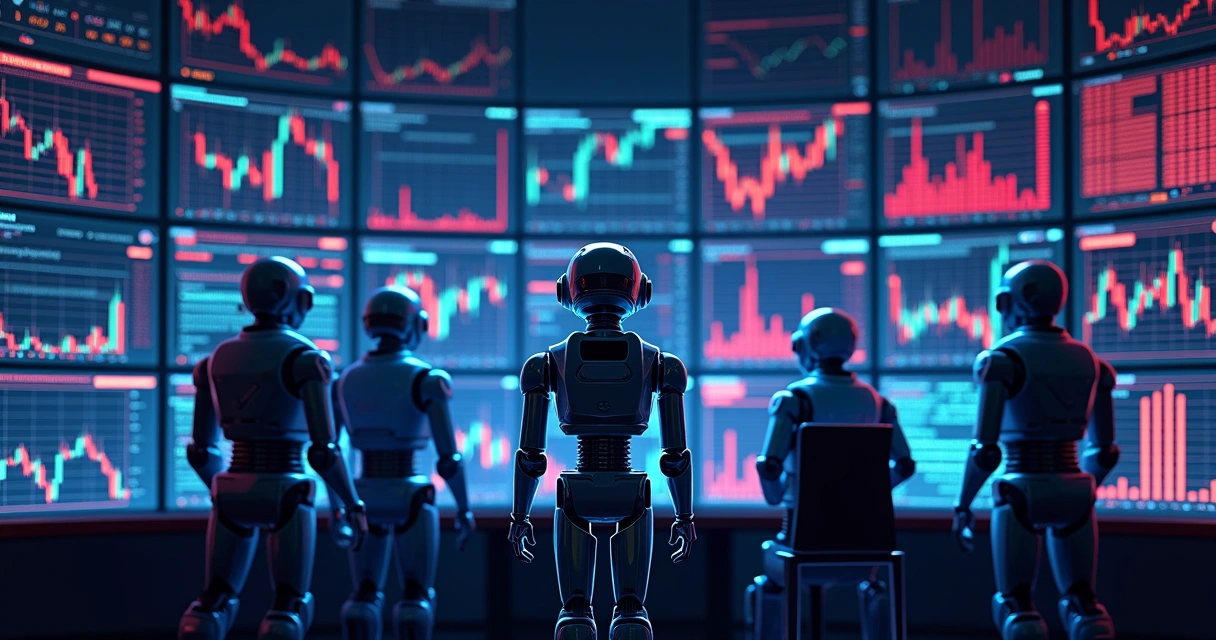 Robôs de criptomoedas em um painel com gráficos de monitoramento 