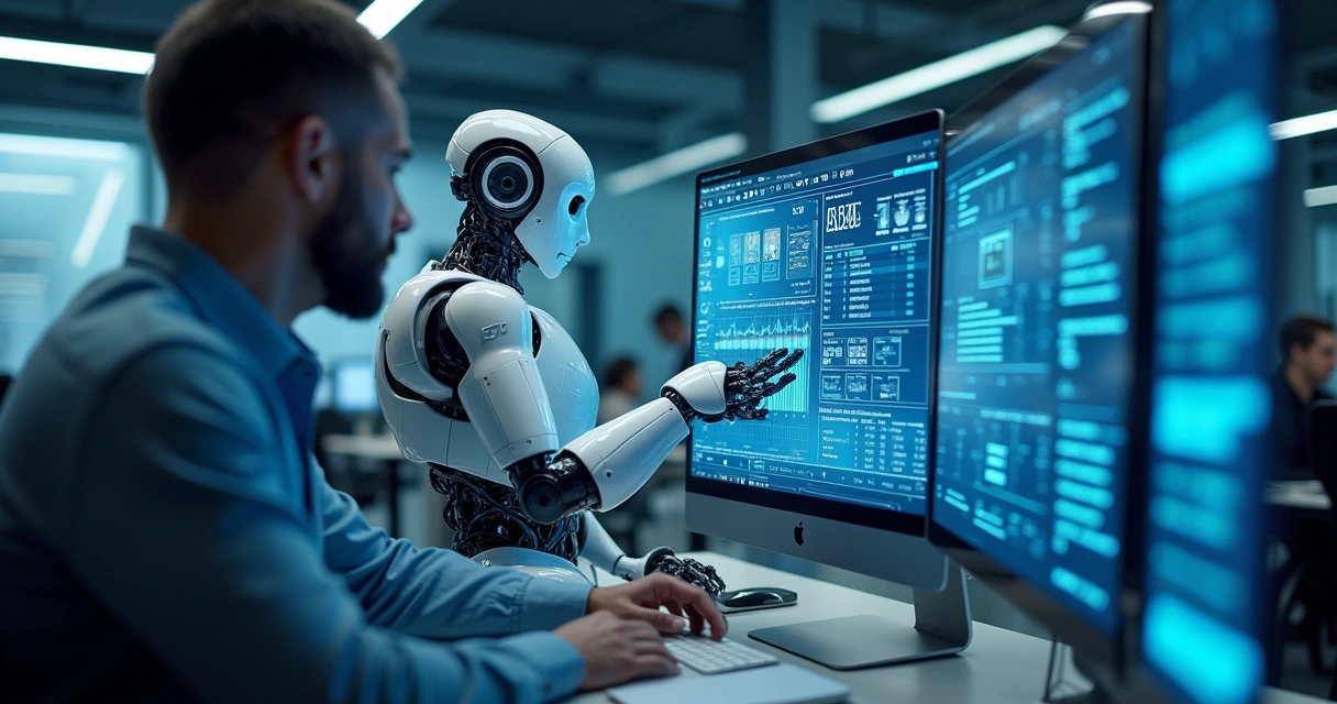 Processo de robôs automatizando entrada de dados financeiros numa tela de computador, escritório moderno ao fundo