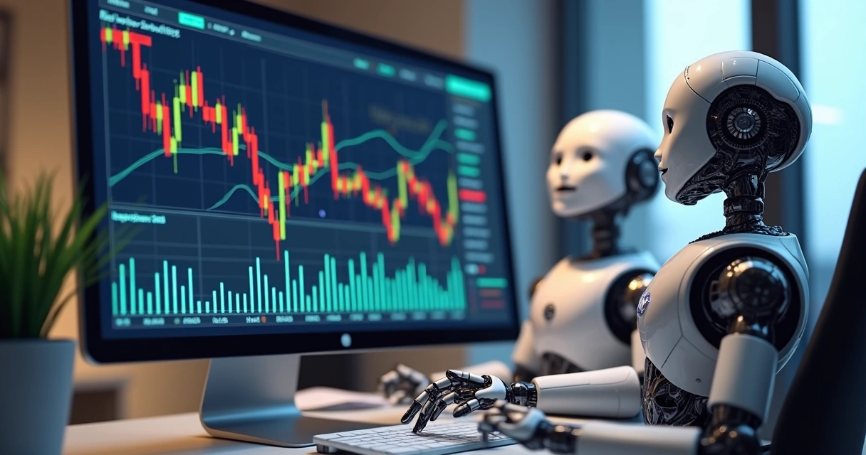 Tela de computador mostrando gráficos de investimentos ao lado de robôs virtuais 