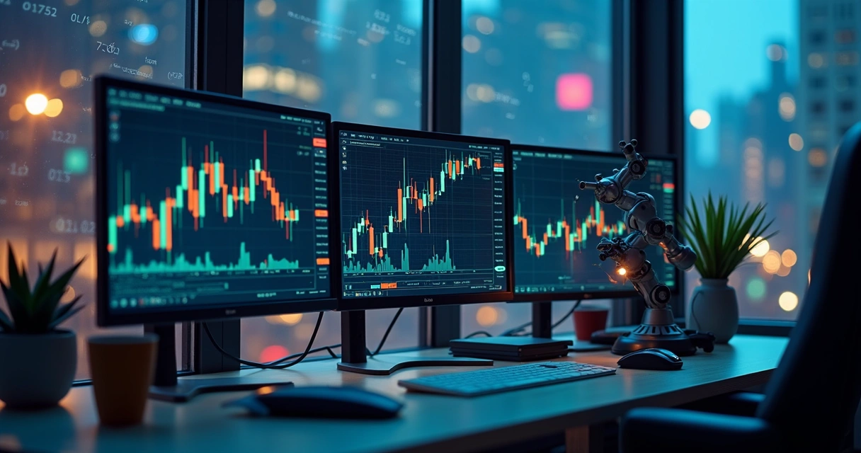 Robôs de trading operando telas do mercado financeiro 
