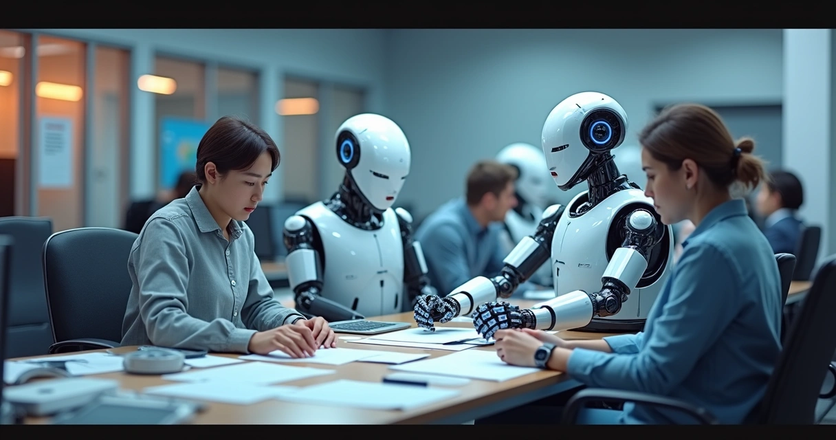 Robôs digitais trabalhando em escritório administrativo 