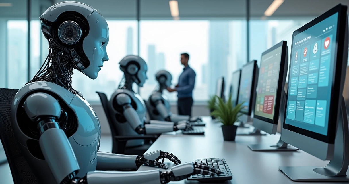 Robôs digitais trabalhando em escritório moderno 