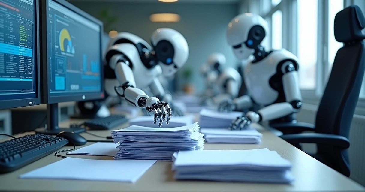 Robôs digitais organizando e processando documentos em uma mesa de escritório 