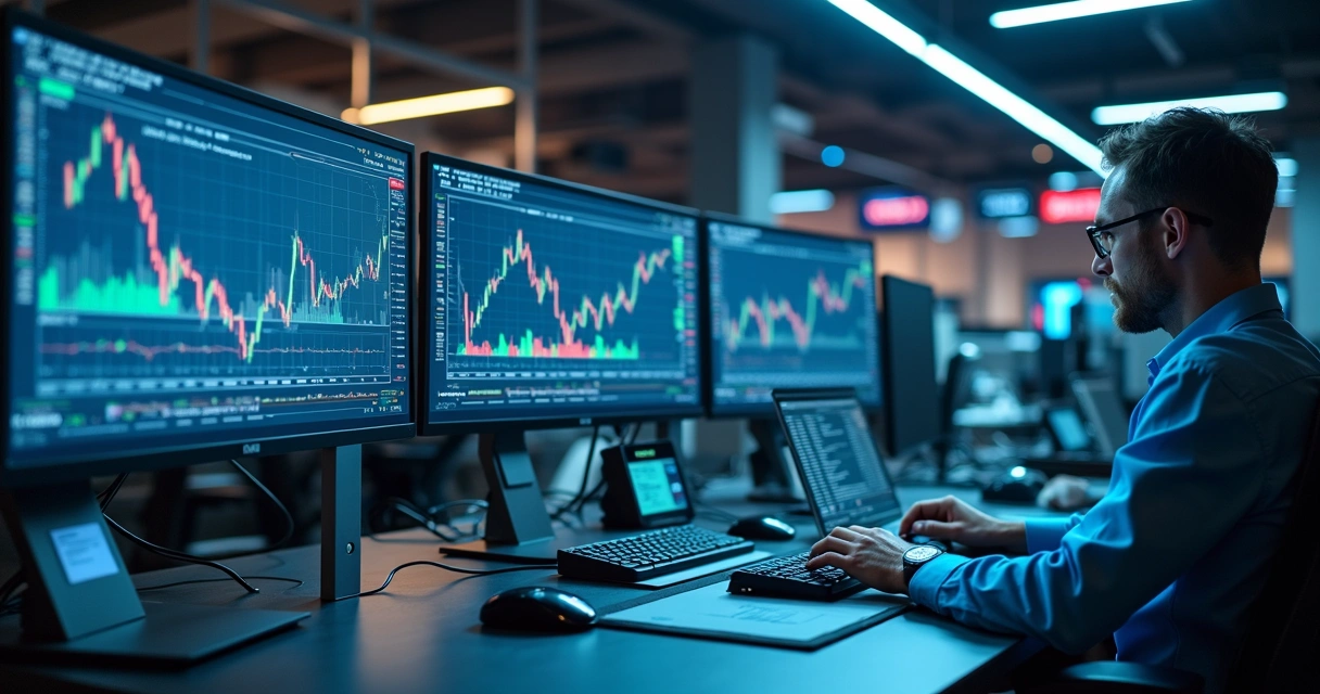Ilustração realista de uma mesa com múltiplas telas mostrando gráficos financeiros, robôs de trading em ação e fluxos digitais de dados conectando mercados globais 