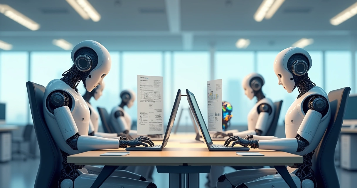 Robôs digitais trabalhando juntos em ambiente corporativo 