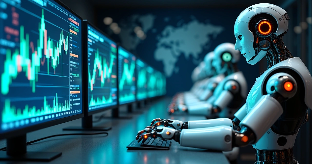 Robôs investidores operando no mercado forex com gráficos e moedas digitais ao fundo 