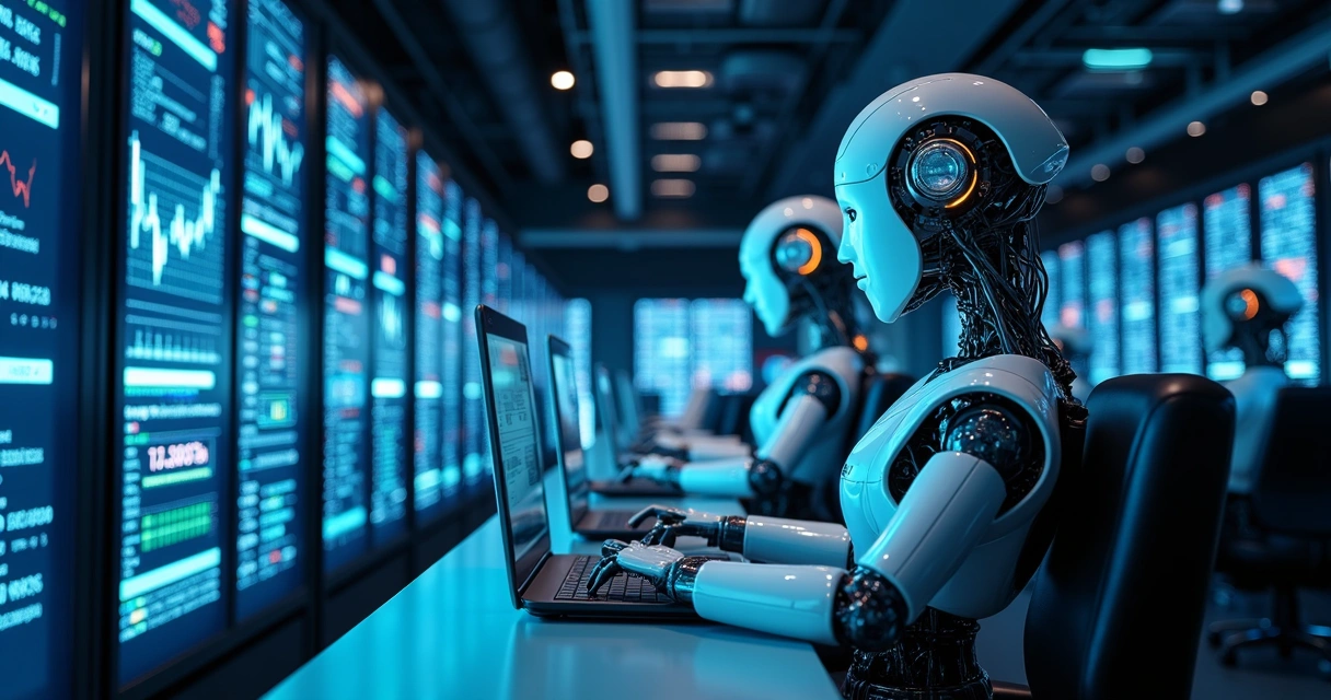 Robôs traders conectados a servidores modernos e cabos de alta velocidade 