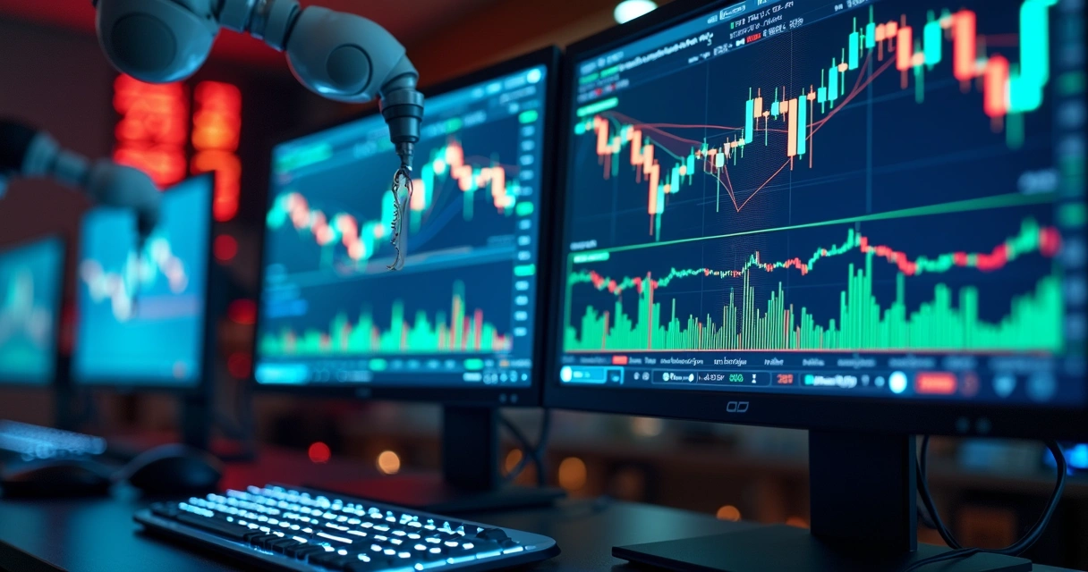 Robôs de IA analisando gráficos de mercado em várias telas