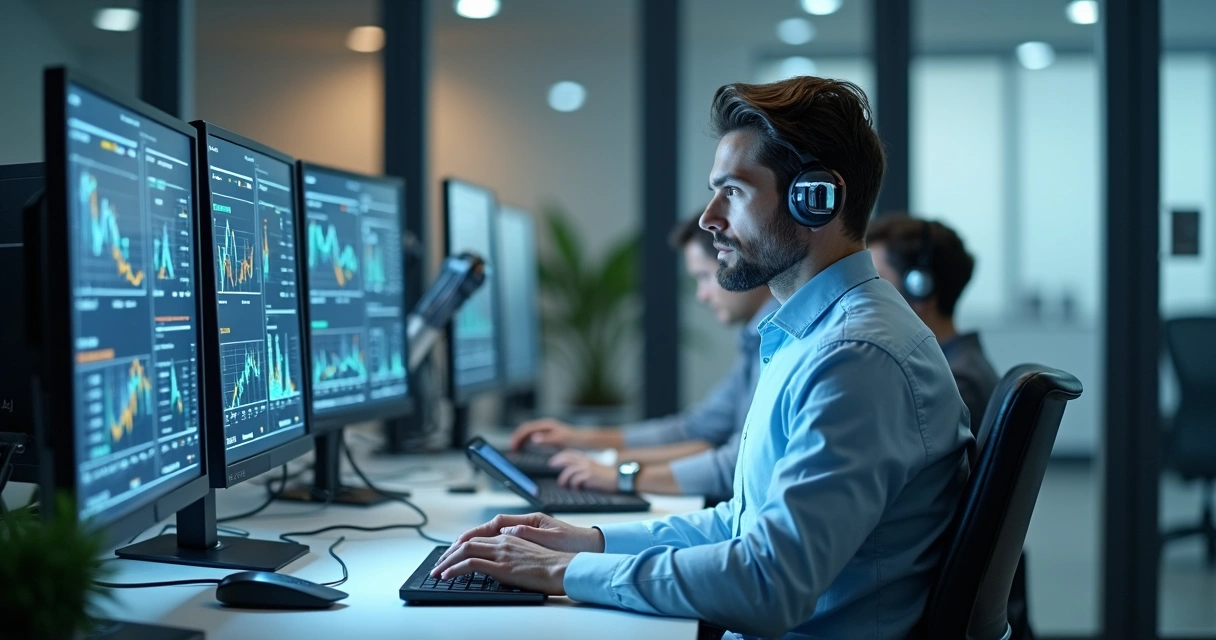 Robôs digitais e humanos trabalhando juntos em um escritório moderno 