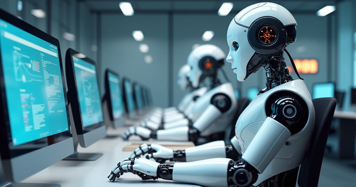 Robôs digitais trabalhando em computadores empresariais 