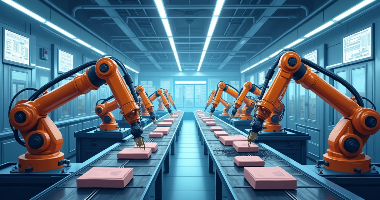 Robôs automatizados trabalhando em linha de montagem industrial 