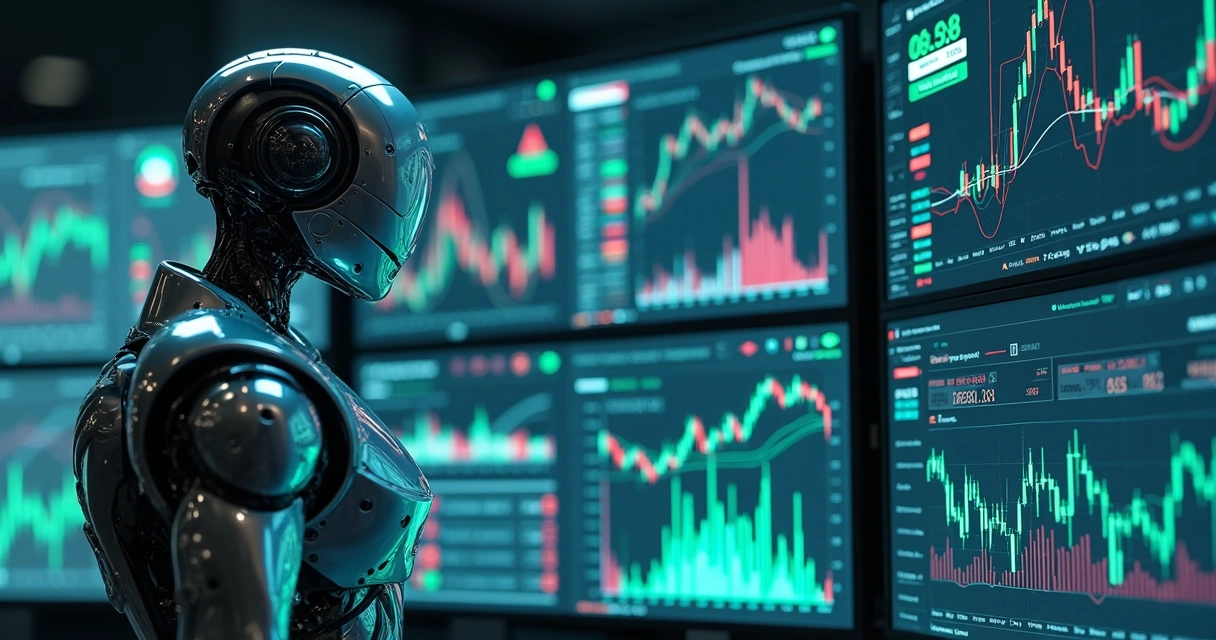 Ilustração de bot de negociação cripto com gráficos digitais ao fundo 