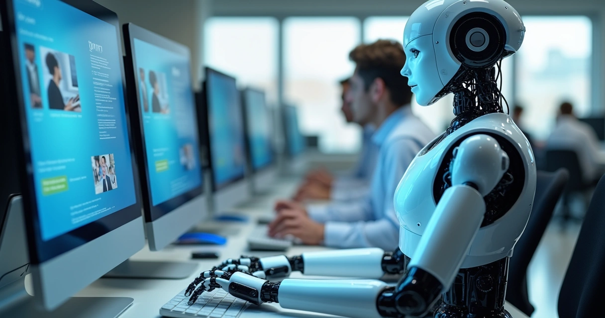 Robôs digitais interagindo com telas de computador em ambiente corporativo