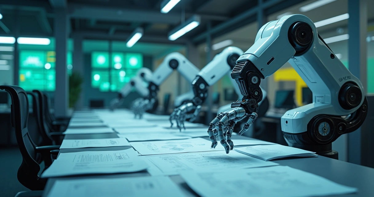 Robôs de IA em ambiente de escritório automatizando tarefas repetitivas 