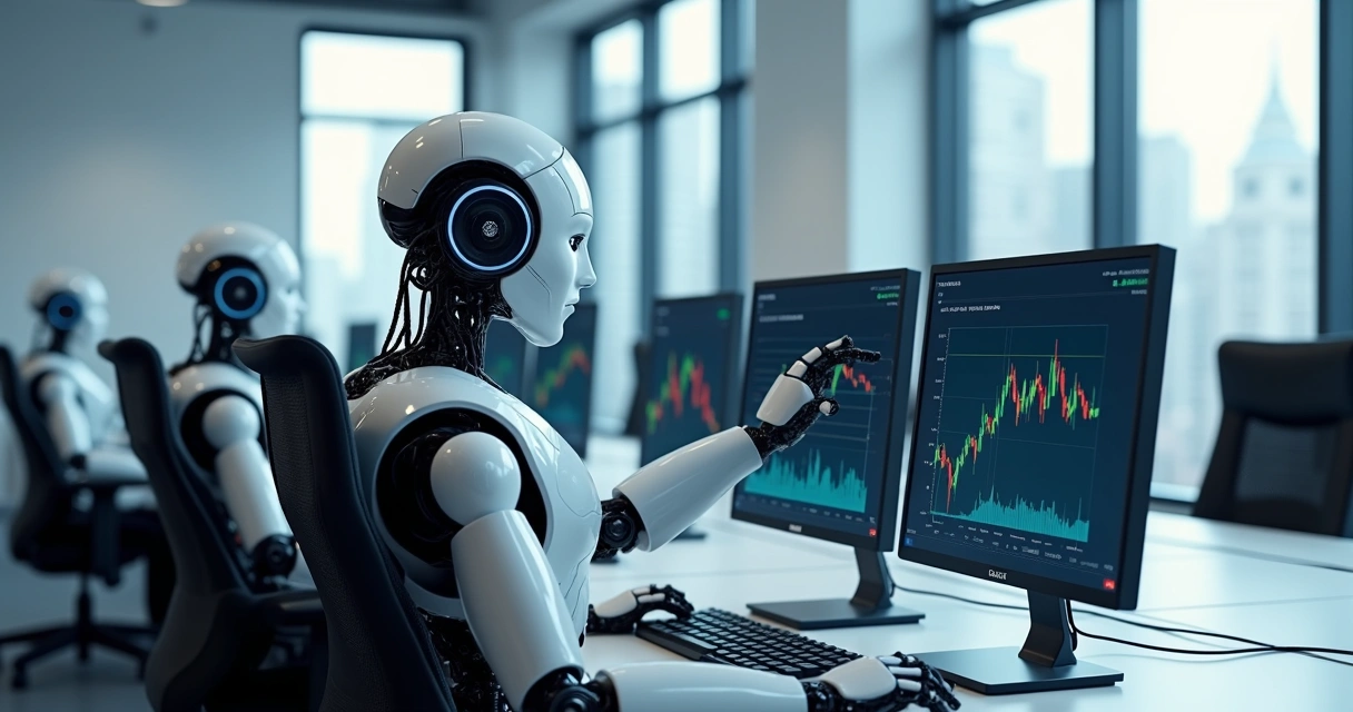 Robôs investidores analisando gráficos de ações 