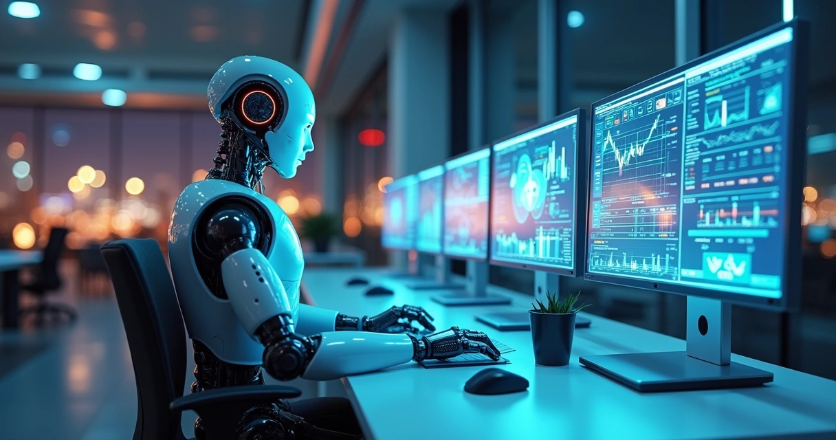 Robô com logotipo do Invista Já analisando gráficos financeiros em múltiplas telas 