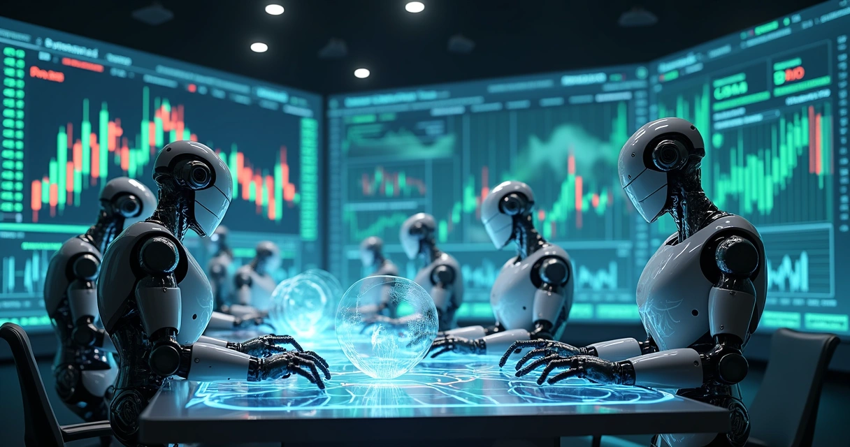 Robôs investidores operando em múltiplos mercados financeiros em telas digitais coloridas e detalhadas 