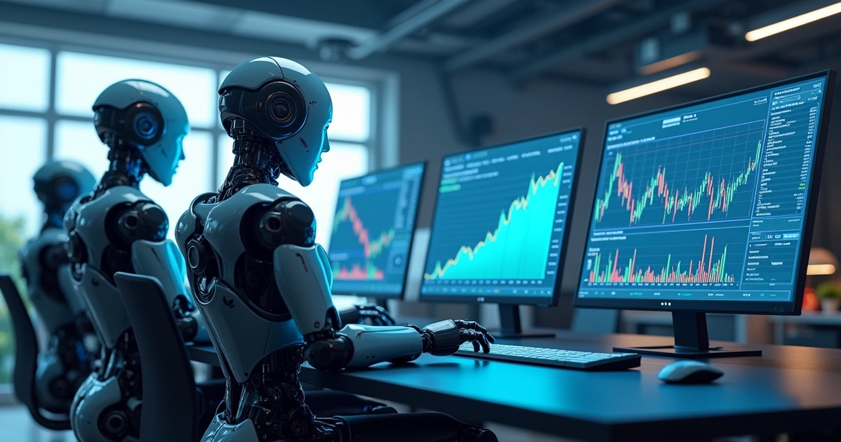 Robôs investidores trabalhando em um escritório moderno com telas mostrando gráficos. 