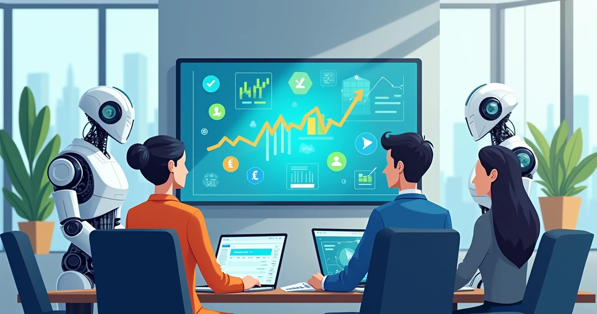 Robôs sugerindo estratégias financeiras personalizadas em escritório moderno