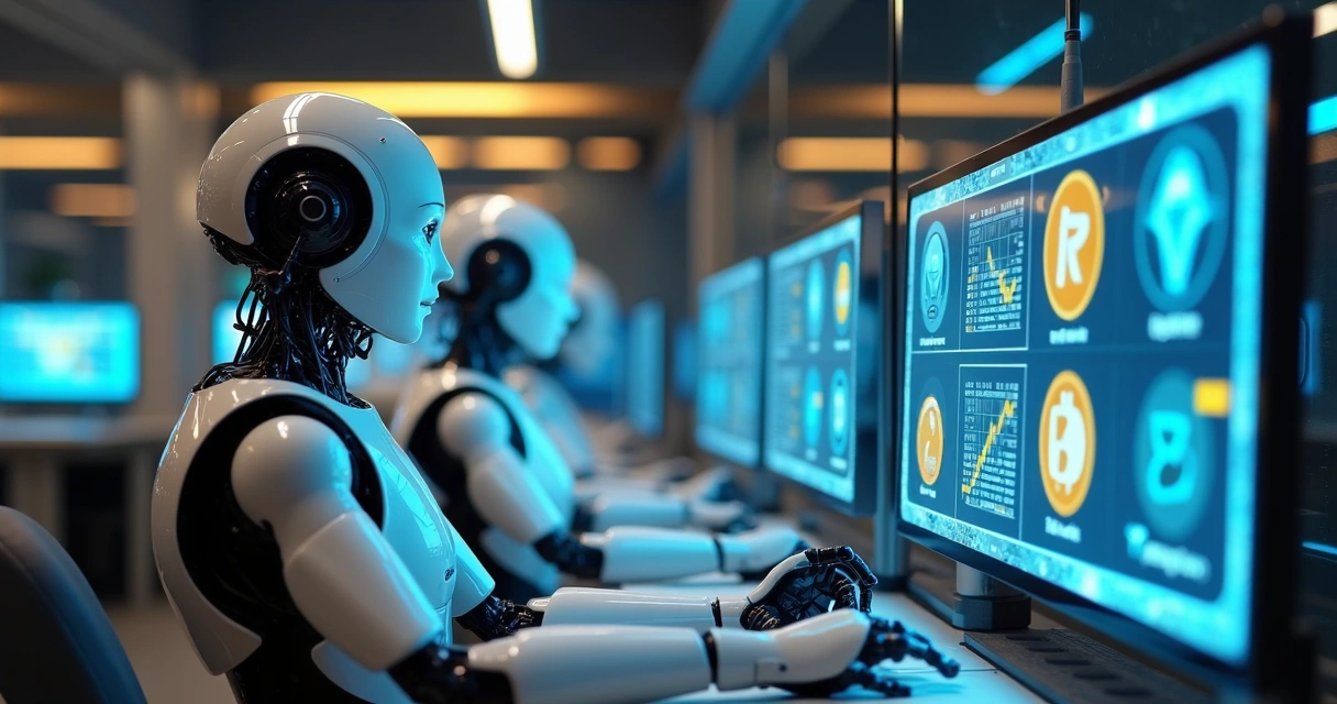 Robôs simulando negociação de criptomoedas em um ambiente digital