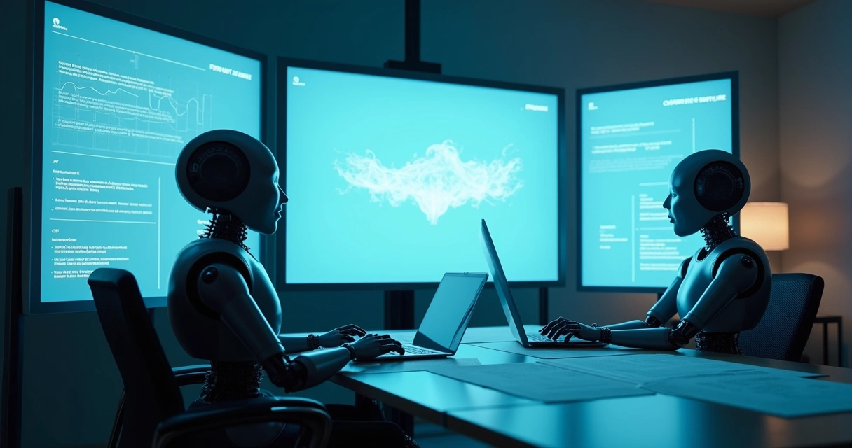 Robôs analisando gráficos financeiros sem emoção