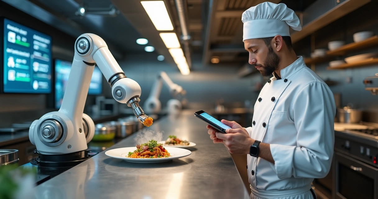 Robô culinário trabalhando ao lado de chef humano em cozinha profissional moderna 