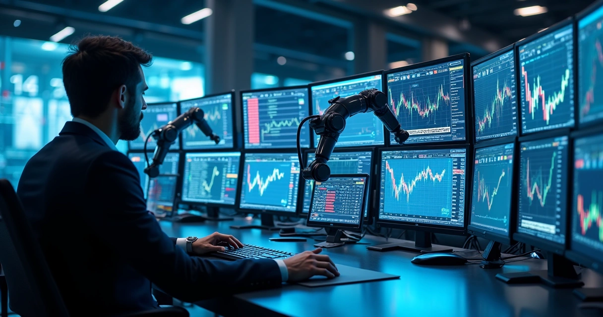 Robôs de negociação observando gráficos financeiros em várias telas 