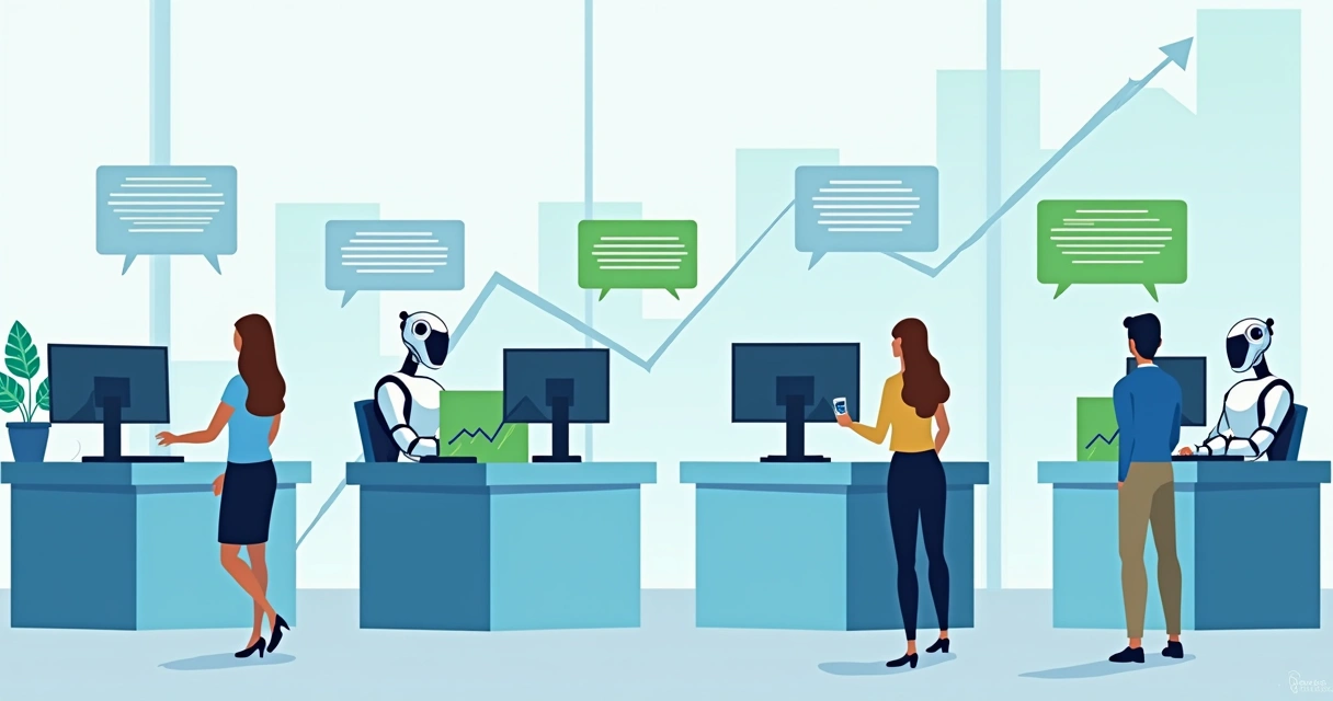 Equipe de atendimento humano e bots trabalhando juntos em balcões digitais modernos, com gráficos ao fundo indicando redução de custos 